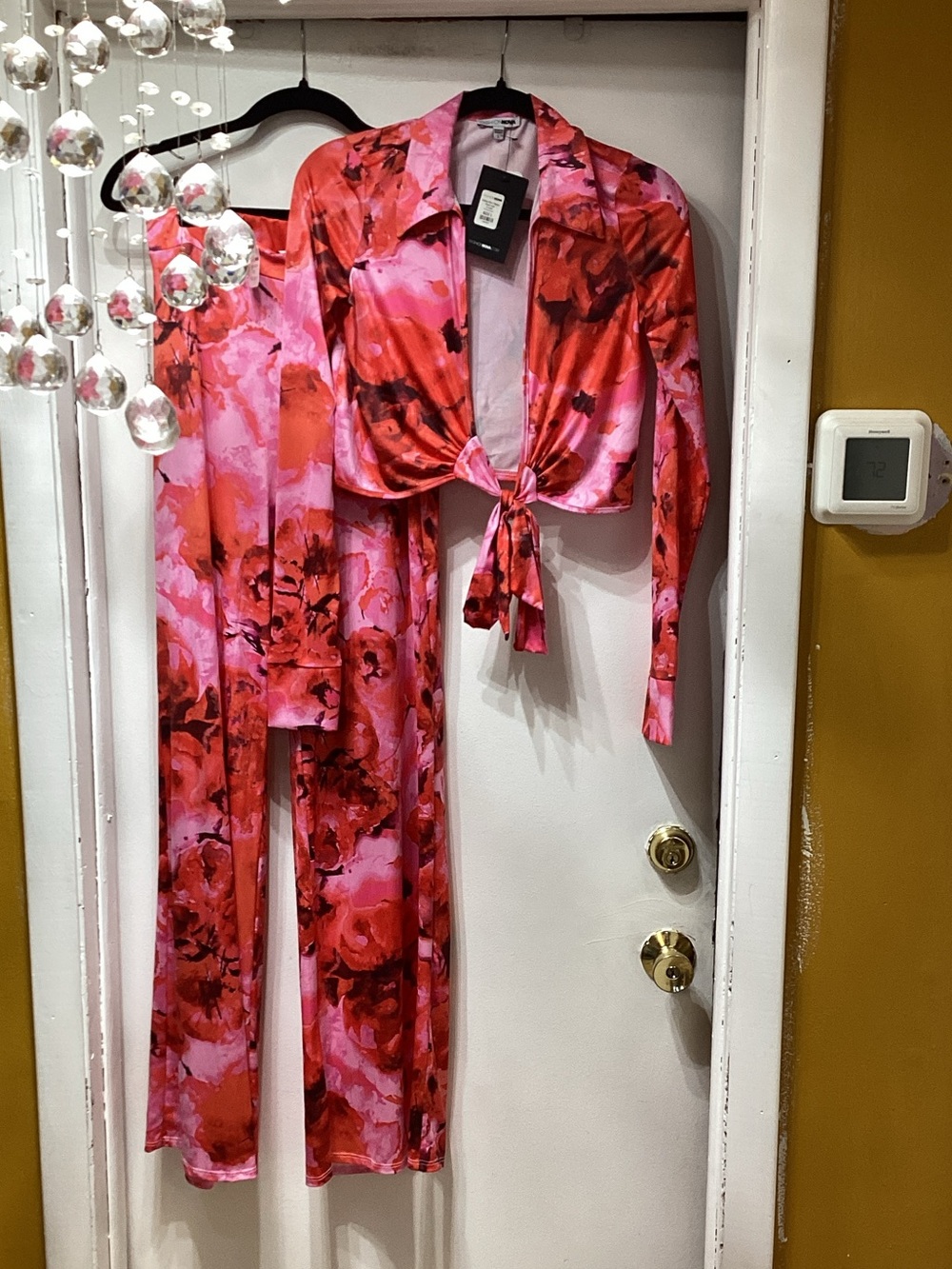 Fashion Nova Pink & Red Floral Satin Tie-Front Pajama Set